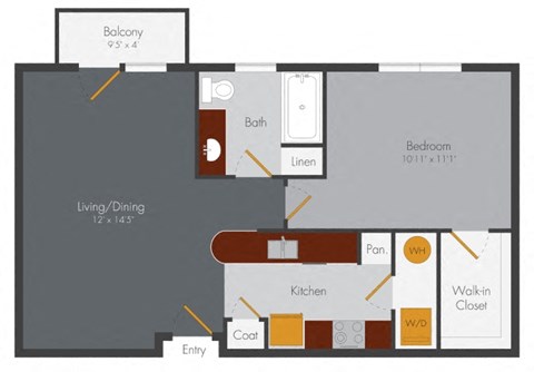Floor plan for 1 bed, 1 bath, 690 sqft